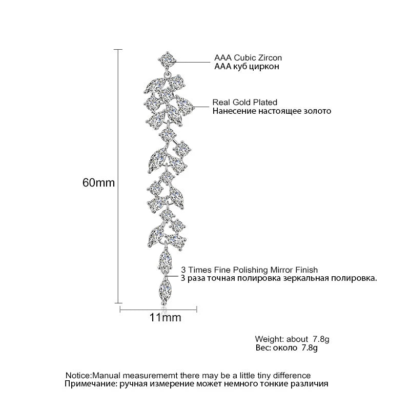 Luxury Zirconia Crystal Long Leaf Drop Clip on Earrings