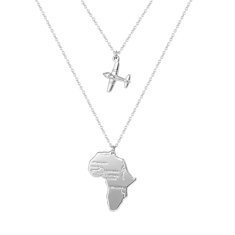Africa’s Map & Airplane Pendant Necklace Silver/Gold