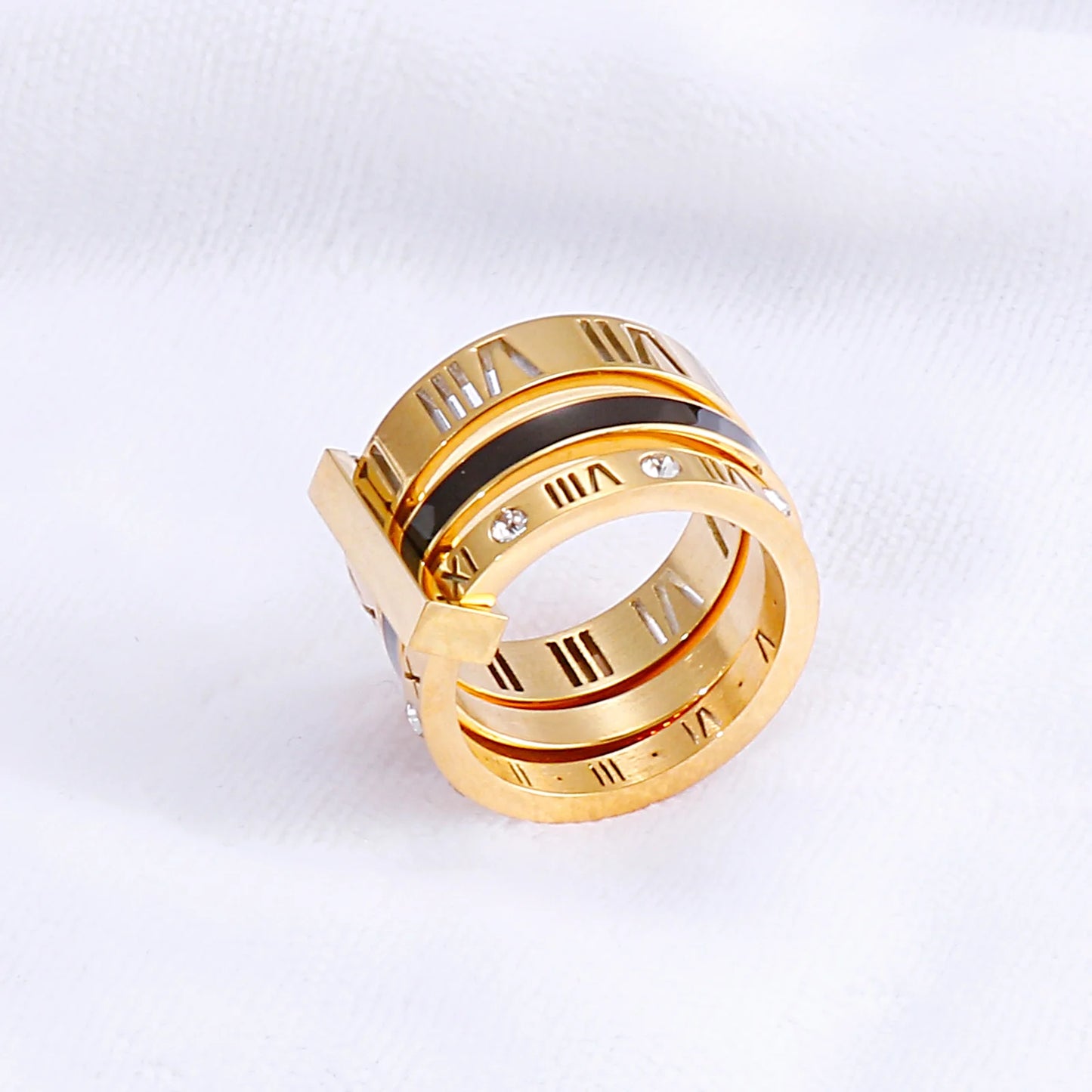 Roman Numerals Stainless Steel & Crystal Ring