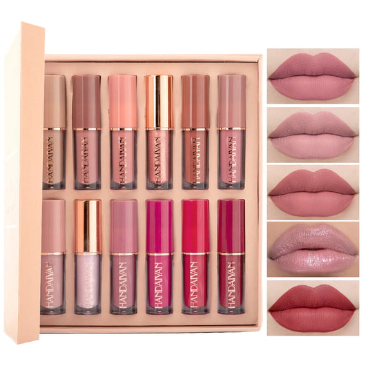 12Pcs/Box Matte Liquid Lipstick + High Shine  Lip Gloss Makeup Set
