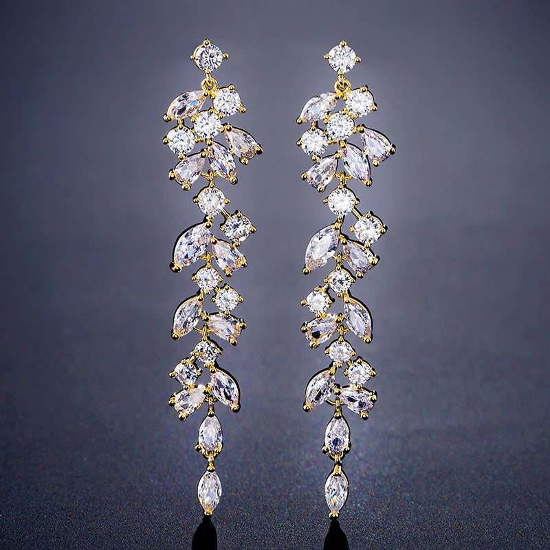 Luxury Zirconia Crystal Long Leaf Drop Clip on Earrings