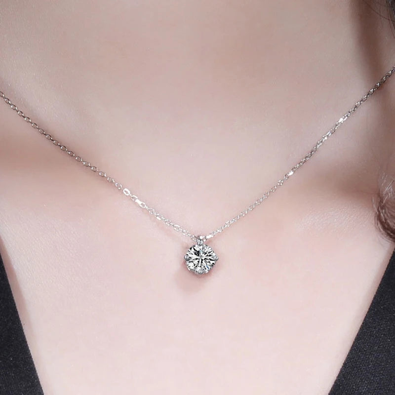 Real Moissanite Pendant 100% 925 Sterling Silver Classic Round Diamond Necklace Fine Jewelry