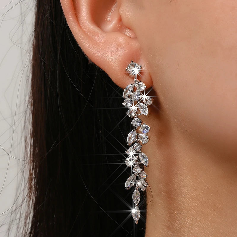 Luxury Zirconia Crystal Long Leaf Drop Clip on Earrings