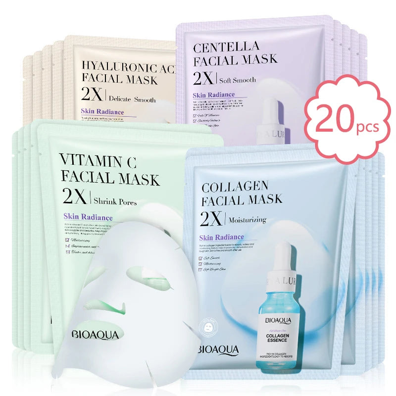 20pcs BIOAQUA Centella Collagen  Vitaman C Hyaluronic Moisturizing Refreshing Facial Sheet Mask
