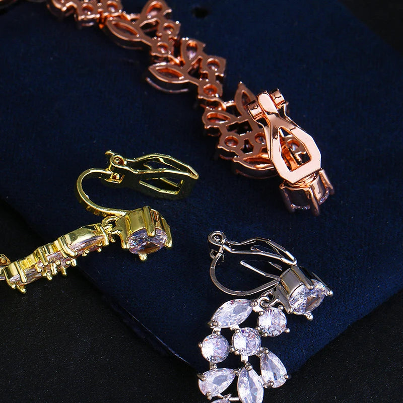 Luxury Zirconia Crystal Long Leaf Drop Clip on Earrings