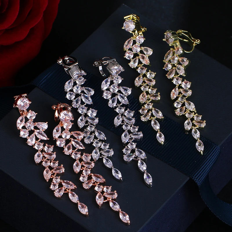 Luxury Zirconia Crystal Long Leaf Drop Clip on Earrings