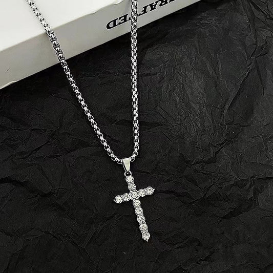 Titanium Stainless Steel Diamond Cross Necklace