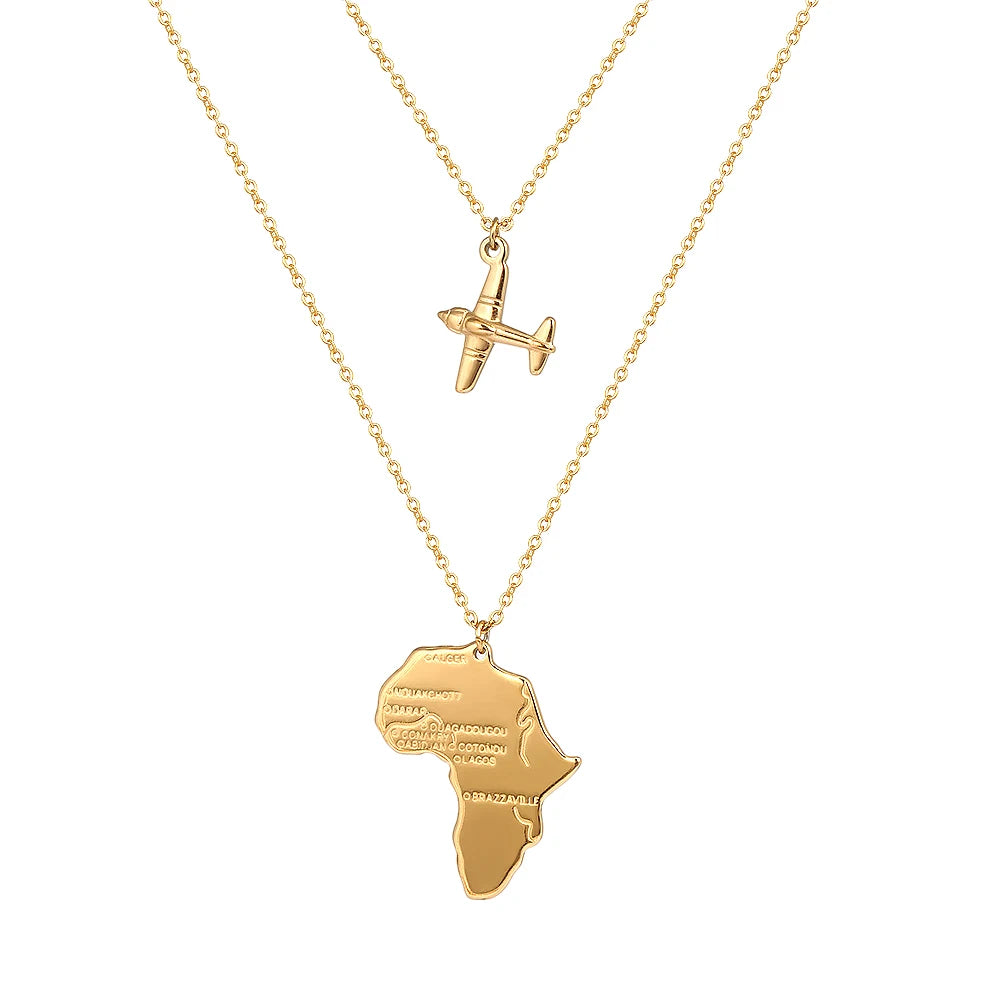 Africa’s Map & Airplane Pendant Necklace Silver/Gold