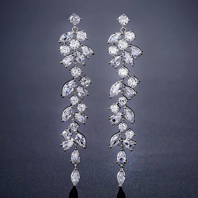 Luxury Zirconia Crystal Long Leaf Drop Clip on Earrings