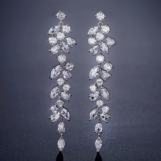Luxury Zirconia Crystal Long Leaf Drop Clip on Earrings