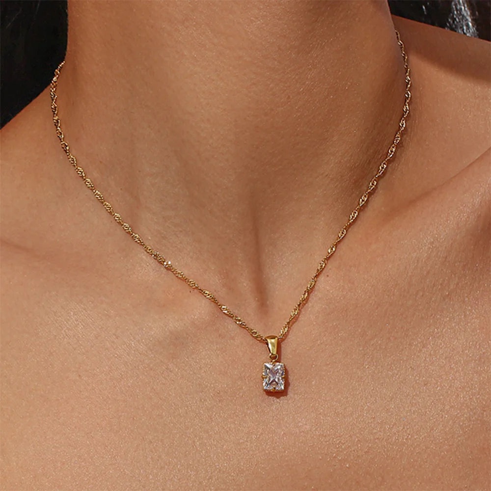 High Quality 18K Gold Plated Zircon Pendant Necklaces Water Wave Chain