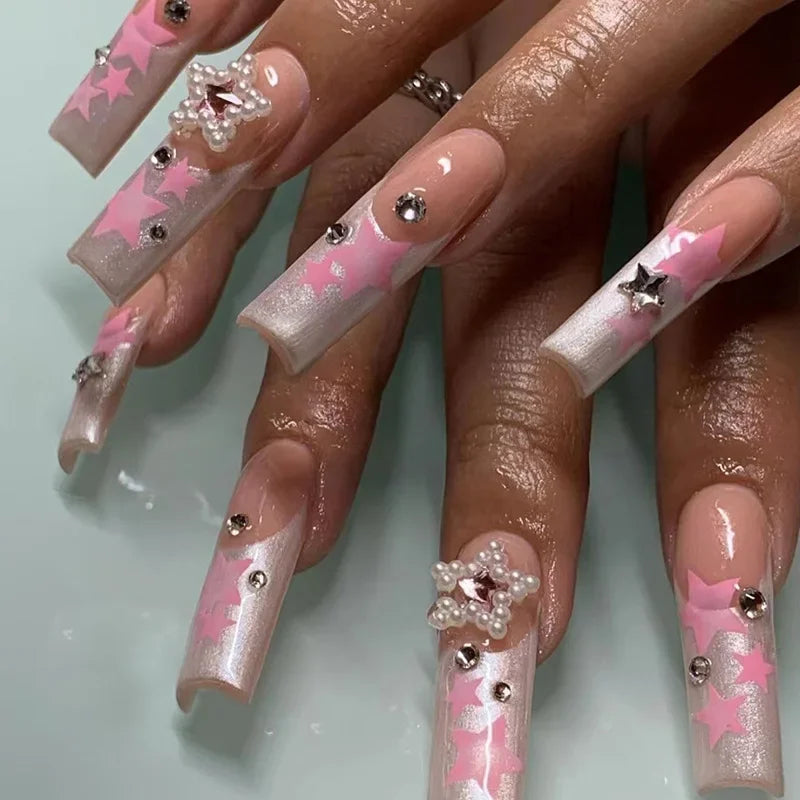 24Pcs Long Ballerina Press on Nail with Rhinestones