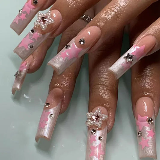 24Pcs Long Ballerina Press on Nail with Rhinestones